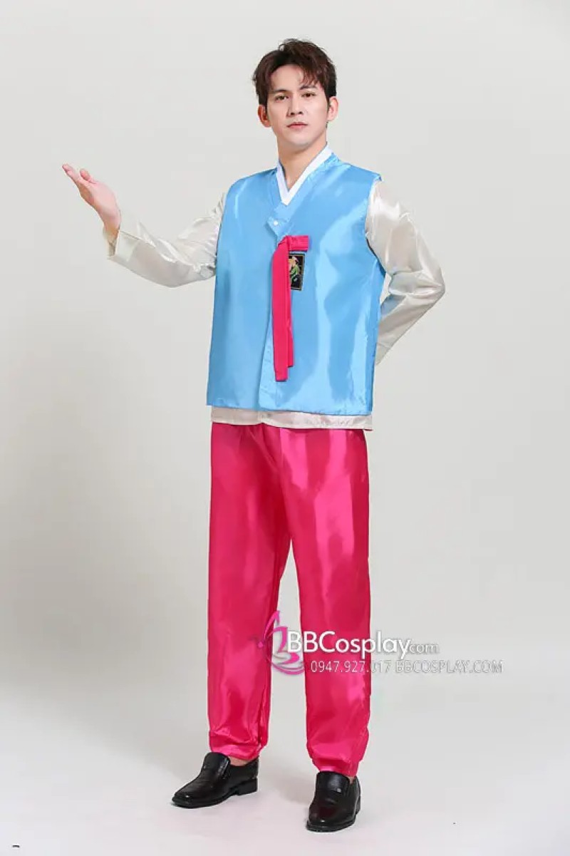 Hanbok Nam Áo Xanh Quần Hồng