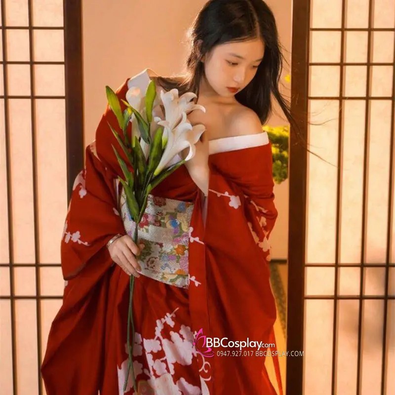 Áo Kimono Yukata Đỏ Họa Tiết Bướm Hoa Tặng Kèm Thắt Lưng