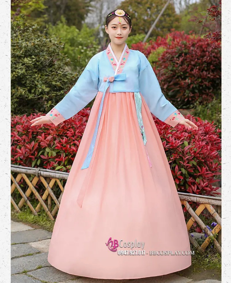 Trang Phục Hanbok Hàn Áo Xanh Váy Carot Viền Carot Thêu Hoa