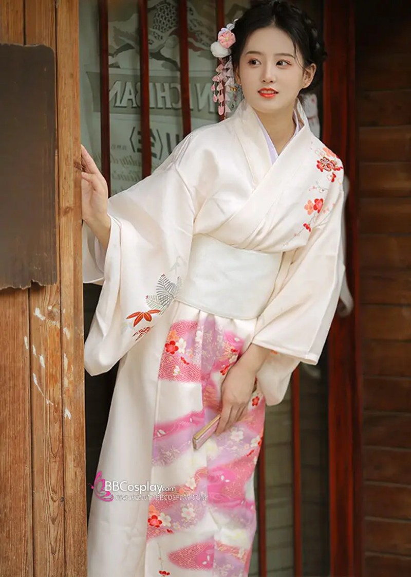 Áo Yukata Kimono Trắng Kem Tặng Kèm Thắt Lưng