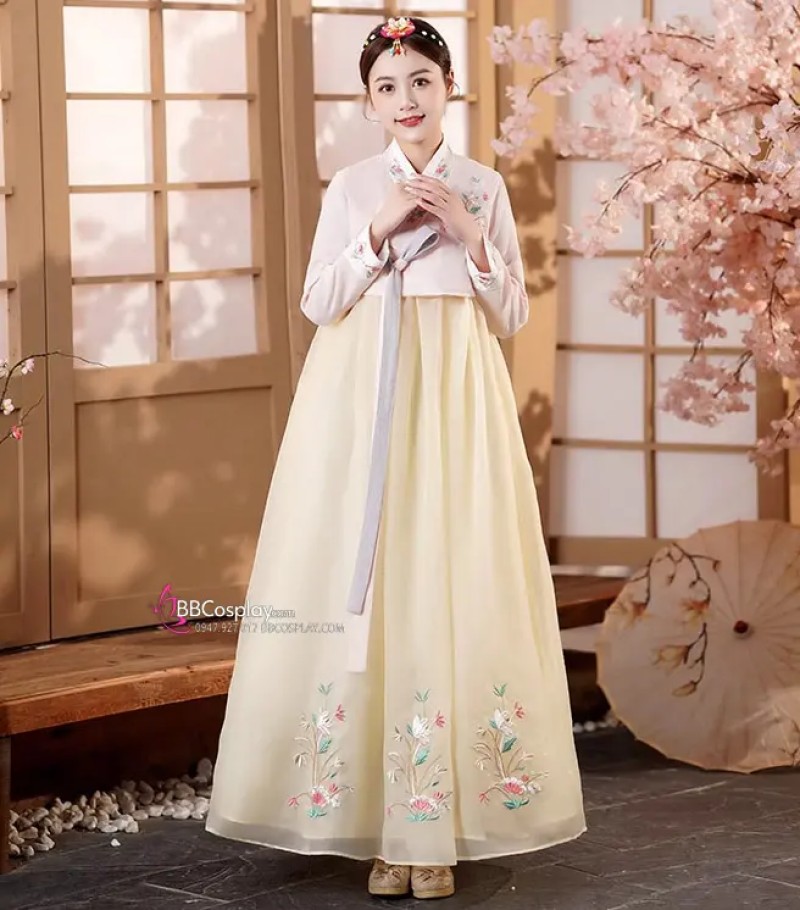 Hanbok Áo Xanh Cổ Thêu Váy Voan Vàng Thêu Hoa Mẫu Mới