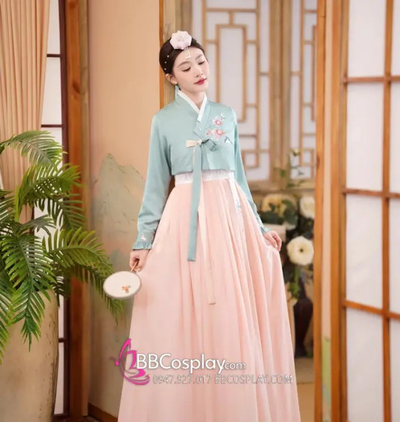 Hanbok Hàn Quốc Thêu Hoa Voan Cao Cấp