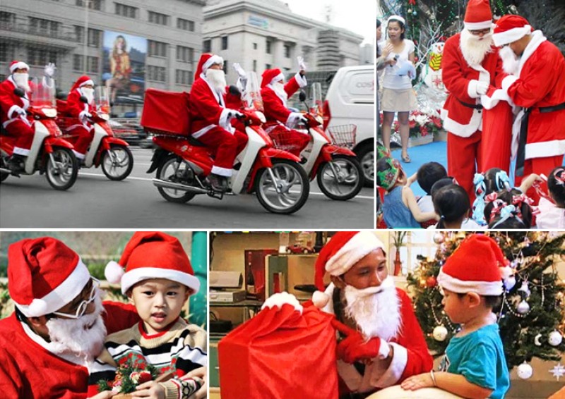 ông già noel ở việt nam không cưỡi tuần lộc mà cưỡi xe máy vì quá kẹt xe
