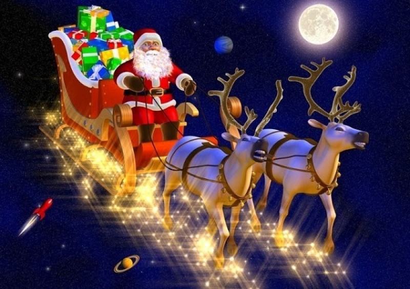 ông già noel cưỡi tuần lộc đi phát quà
