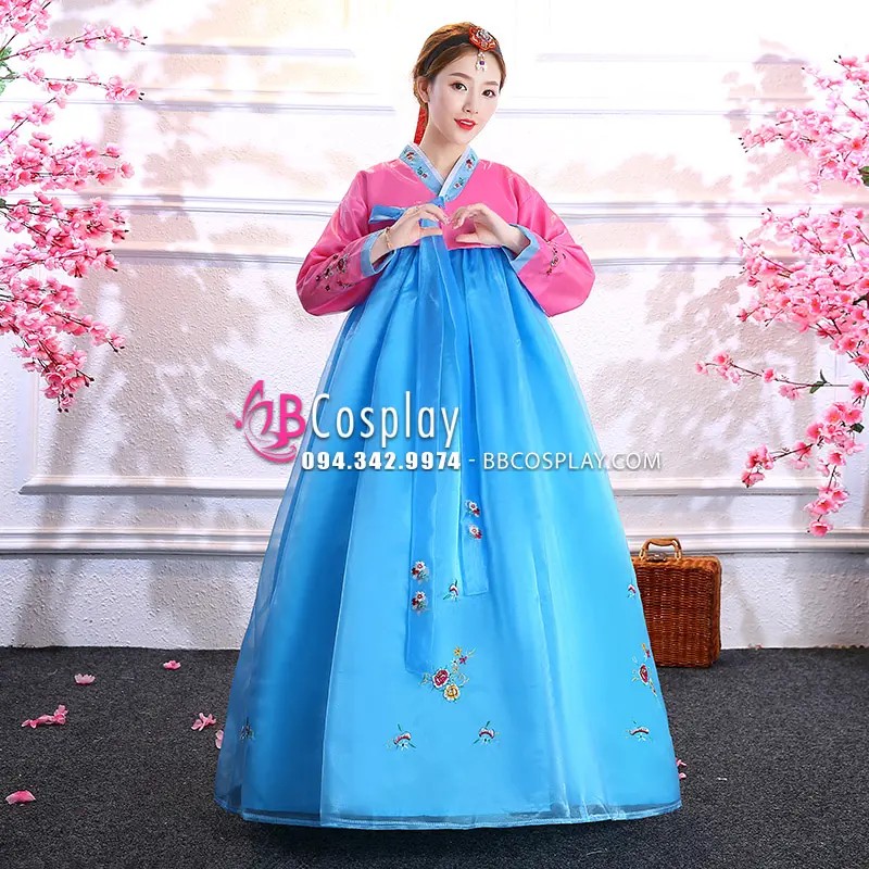 Hanbok Hàn Quốc Voan Áo Hồng Váy Xanh