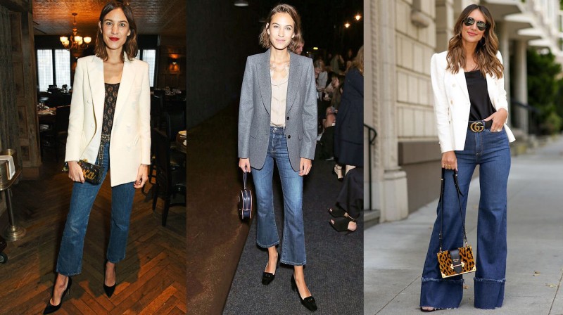 Quần ống loe mặc với áo blazer phối kèm theo mắt kính siêu đẹp